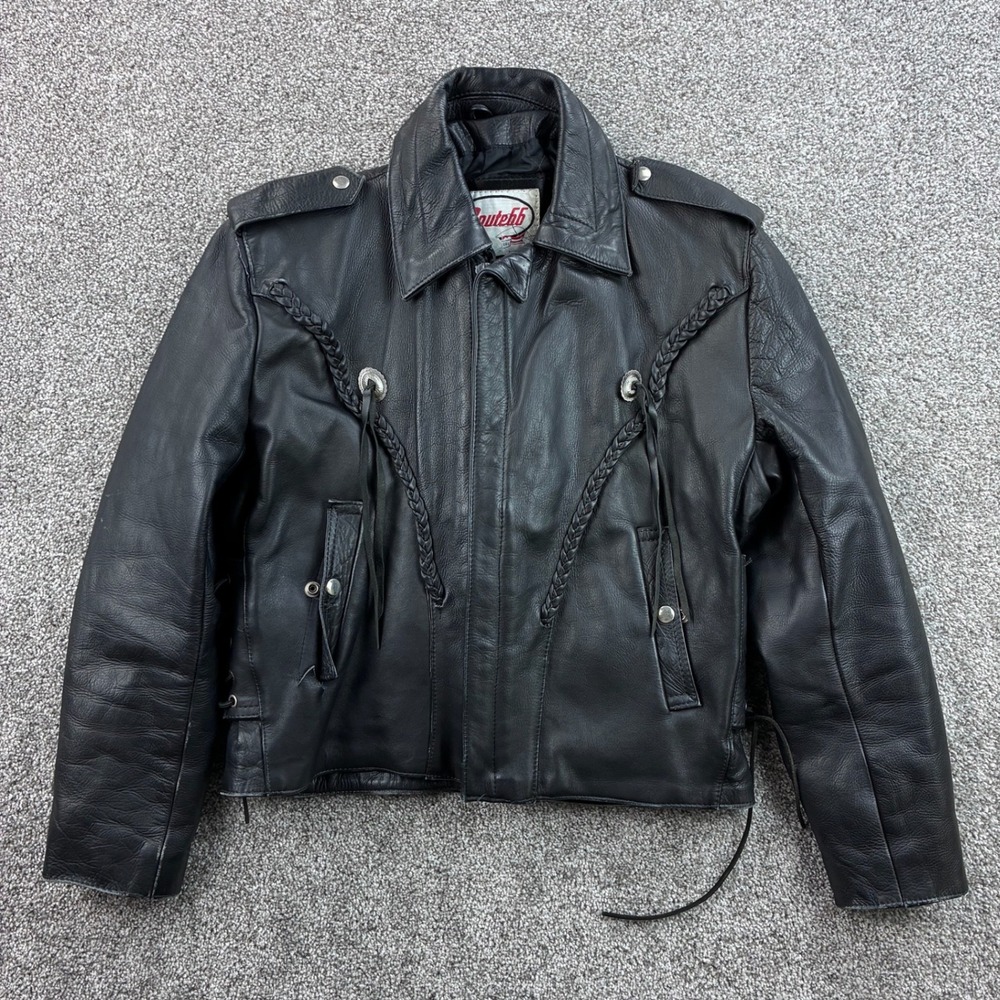 Vintage Y2K Route 66 Leather Jacket Women's M Black Braided Western Biker Tastle